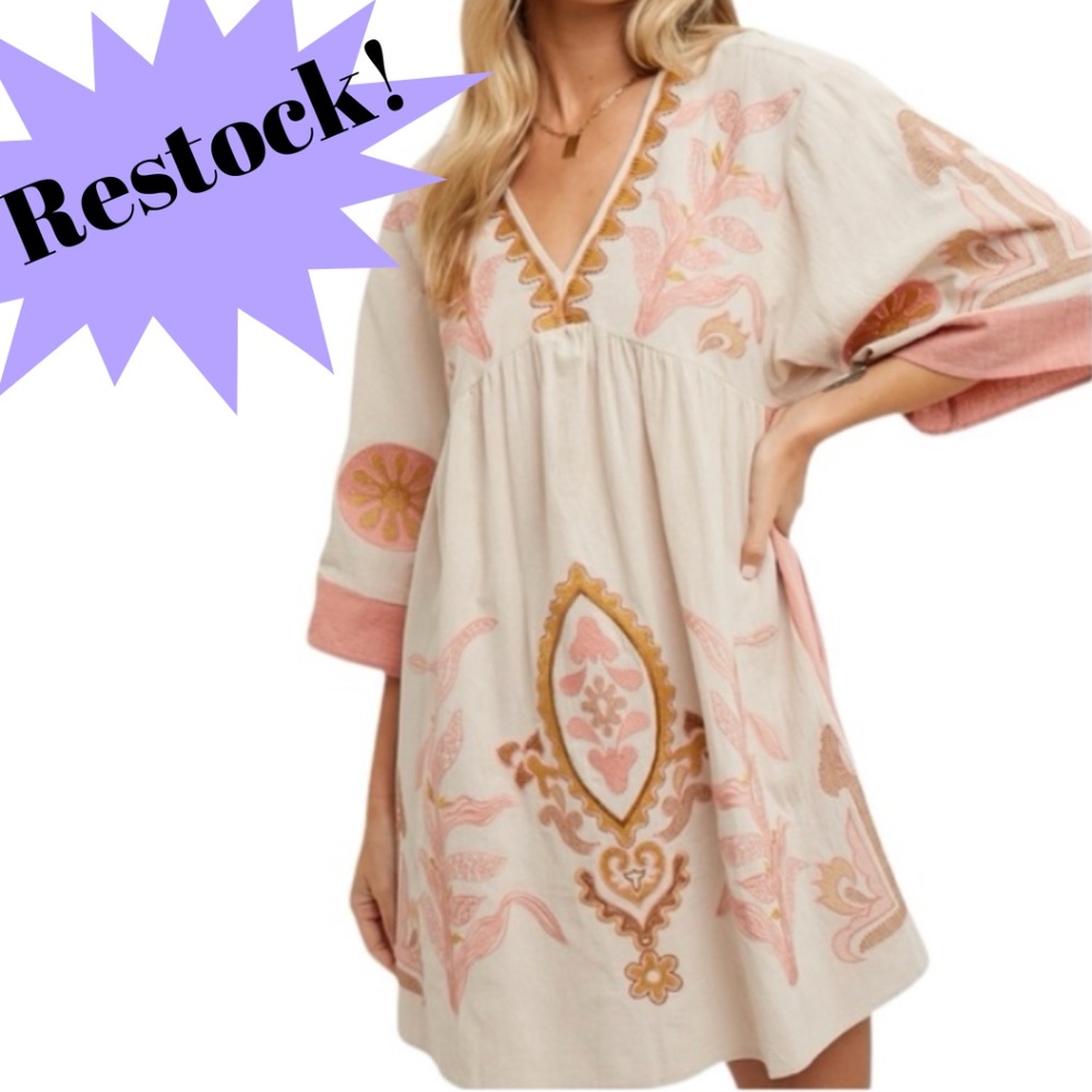 295. Women’s Mauve Embroidered Bohemian Babydoll Dress NEW